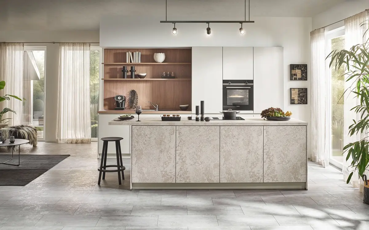 Moderne Häcker Küche Sangrau Granit-Beige Insel