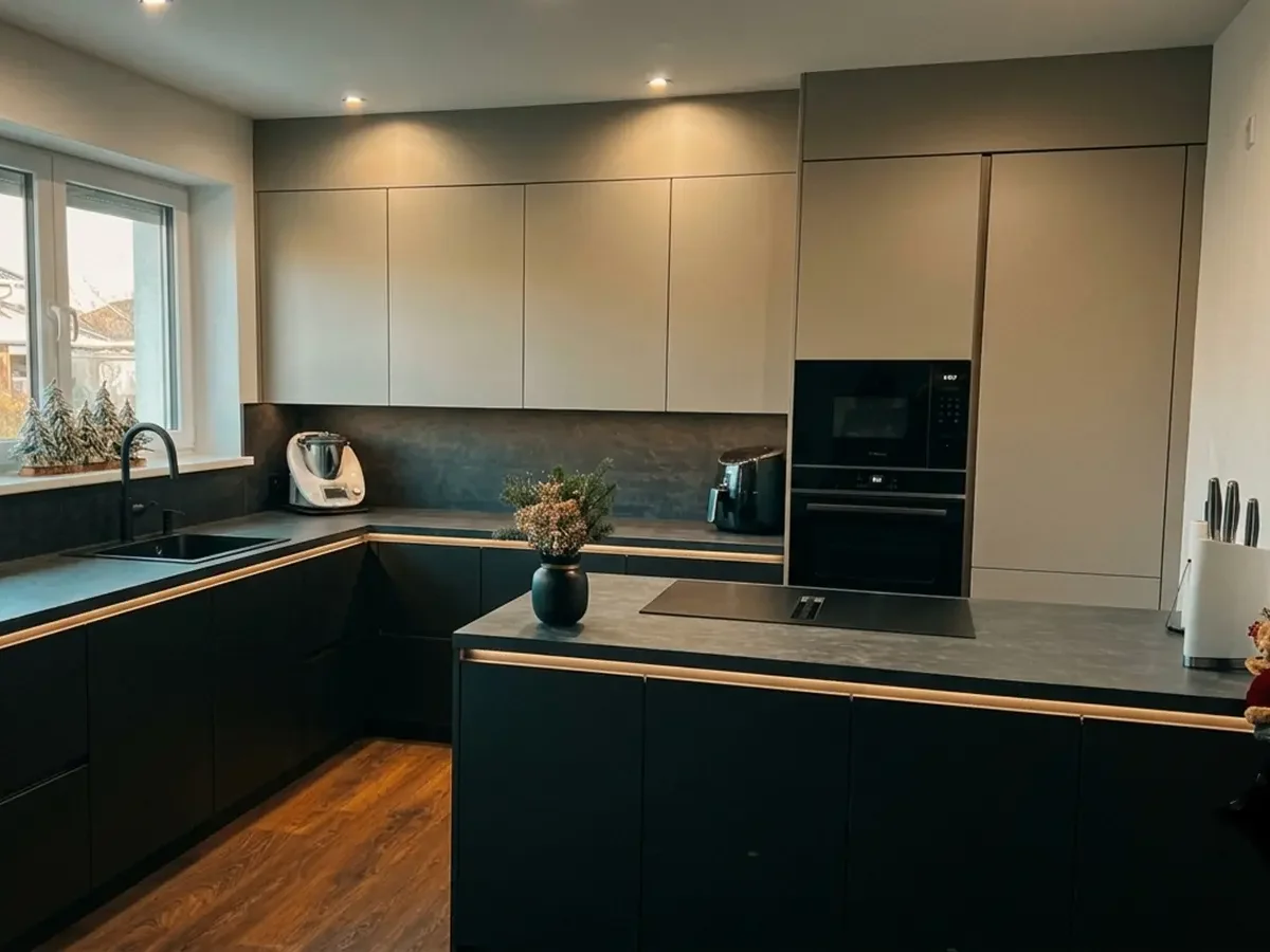Moderne Häcker Küche Concept130 Smart Sandgrau und Steingrau mit Arbeitsplatte Schichtstoff schwarz in Landau geplant von Oberdörfer Küchen